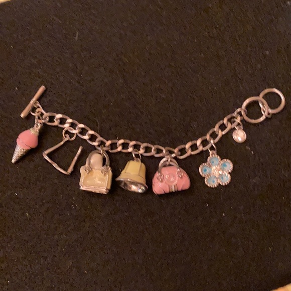 Charm Bracelet Silver Tone Pink, Turquoise Black Yellow Costume Jewelry 7 Charms - Picture 2 of 8